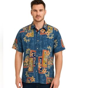 Territory Ahead Blue Floral Geometric Print Men's Shirt Large
